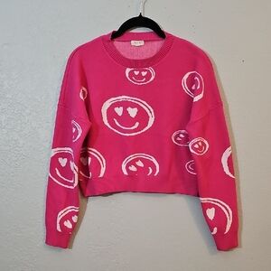 Debut Smiley Face Sweater, Hot Pink, Cropped, Womens Medium